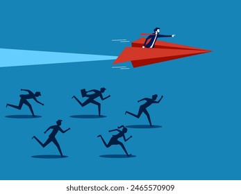 Competitor advantage. Businessman flying with paper airplane wins business competition