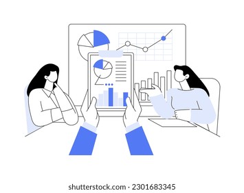 Ilustración vectorial de concepto abstracto de análisis de competidores. El grupo de colegas se ocupa de la evaluación competitiva, el análisis de swot, el lanzamiento de procesos de productos, la investigación de mercado y la metáfora abstracta.