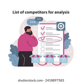 Competitor analysis checklist concept. Business analyst curating a targeted competitor list for strategic market assessment. Organized research for competitive edge. Flat vector illustration.