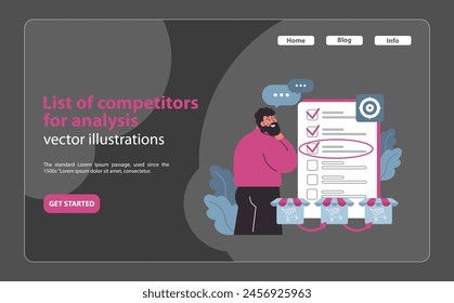 Competitor analysis checklist concept. Business analyst curating a targeted competitor list for strategic market assessment. Organized research for competitive edge. Flat vector illustration.