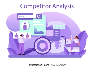 Competitor analysis concept. Market research and business strategy development. Competitor identefication, site, ceo and social network analysis. Isolated vector illustration