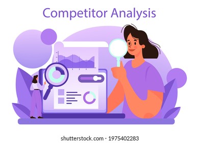 Competitor analysis concept. Market research and business strategy development. Competitor identefication, site, ceo and social network analysis. Isolated vector illustration