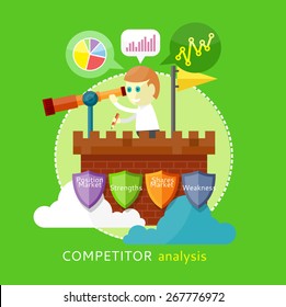 Competitor analysis concept of position market, strengths, shares market, weakness. Man is standing on the tower and looking through a telescope  and writes the results
