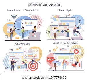 Conjunto de conceptos de análisis de la competencia. Investigación de mercado y desarrollo de estrategias empresariales. Identificación de competidor, análisis de sitio, director financiero y redes sociales. Ilustración vectorial aislada