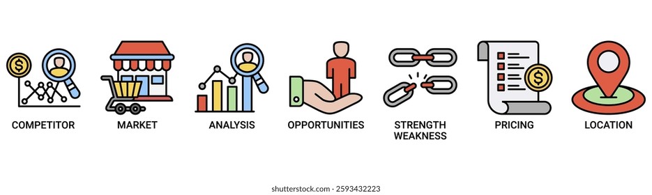 Competitor analysis icon set vector illustration concept with icon of competitor, market, analysis, opportunities, strength weakness, pricing and location icons. Outline color vector symbol background