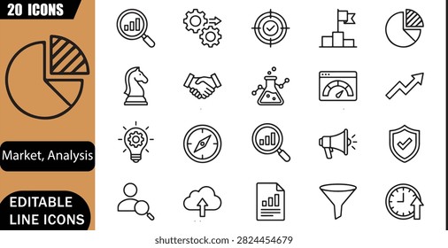 Competitor analysis icons set, 20 editable line art icons set, benchmarking, positioning, market share, strategy, business research, analytics, business growth, competitor research theme style, vector