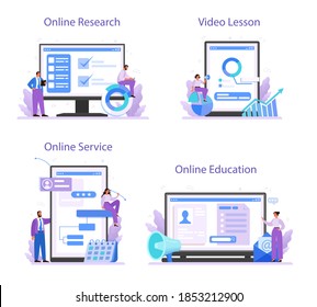Competitor analysis online service or platform set. Market research and business strategy development. Online research, education, video lesson. Isolated vector illustration
