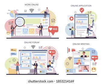 Análisis de la competencia en línea o conjunto de plataformas. Investigación de mercado y desarrollo de estrategias empresariales. Trabajo en línea, información, foro, aplicación. Ilustración vectorial aislada