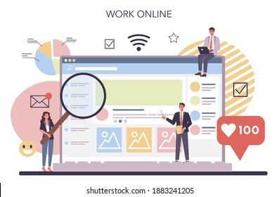 Servicio o plataforma en línea de análisis de competidores. Investigación de mercado y desarrollo de estrategias empresariales. Trabajo en línea. Ilustración vectorial aislada