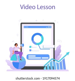 Servicio o plataforma en línea de análisis de competidores. Investigación de mercado y desarrollo de estrategias empresariales. Lección de video. Ilustración vectorial aislada