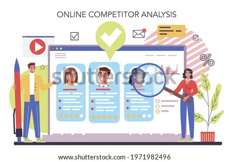 Competitor analysis online service or platform. Business competition. Promotion strategy development. Online competitor analysis. Flat vector illustration