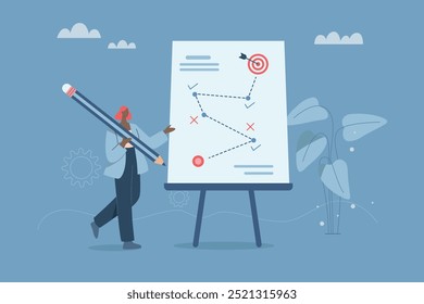 Competitor analysis and overcoming marketing obstacles, Business strategic planning towards success or goal, Business success, Businesswoman holding big pencil planning strategy with whiteboard.
