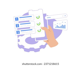 Análisis de la competencia - concepto de marketing SEO. Análisis de datos de la competencia y de la investigación de mercado de las métricas seo. Ilustración aislada de vectores sobre fondo blanco con iconos