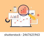 Competitor Analysis Tools - followers and sales, traffic, ad placement. Competitive monitoring and social listening. Competitor keyword analysis and seo metrics market research vector illustration