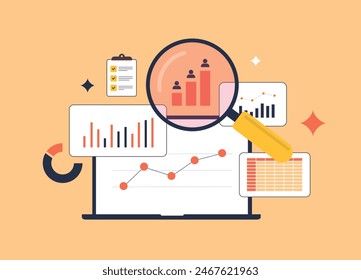 Competitor Analysis Tools - followers and sales, traffic, ad placement. Competitive monitoring and social listening. Competitor keyword analysis and seo metrics market research vector illustration