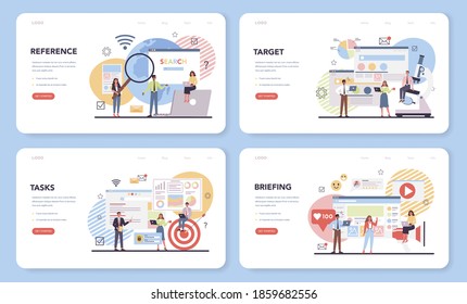 Banner web de análisis de competidores o página de inicio. Investigación de mercado y desarrollo de estrategias empresariales. Identificación de competidor, análisis de sitio, director financiero y redes sociales. Ilustración vectorial aislada