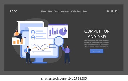 Competitor Analysis web or landing. Team meticulously evaluates market trends and rival strategies, using analytics to inform their design decisions. Flat vector illustration