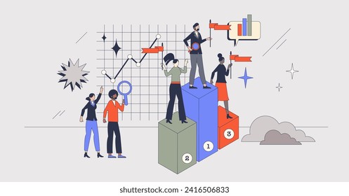 Competitor benchmarking or company evaluation tools retro tiny person concept. Competitors evaluation with your business to understand work quality, performance and market share vector illustration.