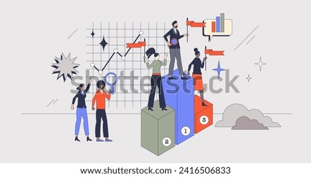 Competitor benchmarking or company evaluation tools retro tiny person concept. Competitors evaluation with your business to understand work quality, performance and market share vector illustration.