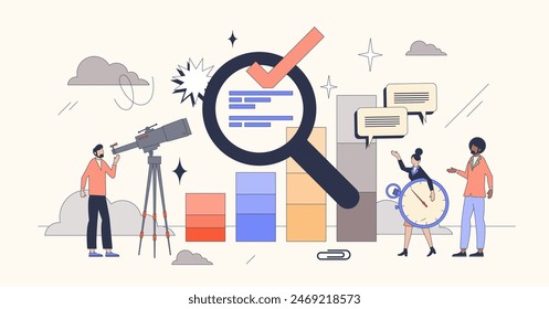 Competitor benchmarking and result research tiny person neubrutalism concept. Performance comparison with other business players in industry vector illustration. Company sales report analysis.