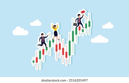 Um concorrente perseguindo um empresário segurando uma bandeira que corre no topo de um gráfico de ações, ilustração da Concorrência na avaliação de ações e receita de negócios