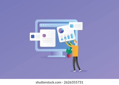 Competitor content strategy analysis, Social media content analytics, Businessman monitoring content engagement report