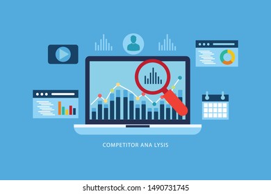 Competitor data analysis, market research, and strategy development flat vector concept with icons