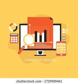 Competitor data analysis, market research, and strategy development flat vector