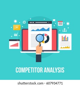 Competitor Data Analysis, Market Research, And Strategy Development Flat Vector Concept With Icons