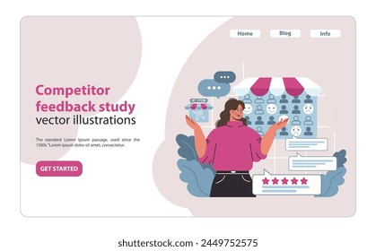 Competitor feedback study concept. Business strategist analyzing customer reviews for competitive insight and service enhancement. Market sentiment analysis. Flat vector illustration.