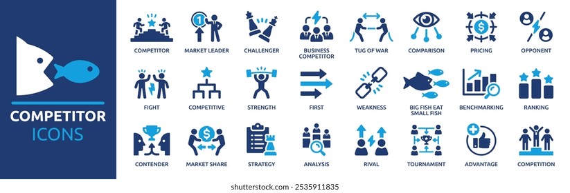 Competitor icon set. Containing competition, opponent, market leader, advantage, strengths, weakness, comparison and ranking. Solid vector icons collection.