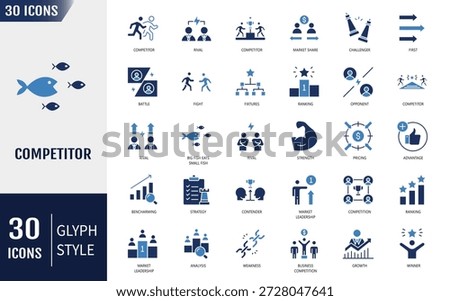 Competitor icon set. Containing icons: competition, opponent, market leader, advantage, strengths, weakness, comparison, ranking and more. Vector illustration