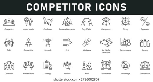 Competitor Icons vector illustration with thin line editable stroke containing advantage rival tournament analysis strategy market share contender ranking weakness fight opponent challenger