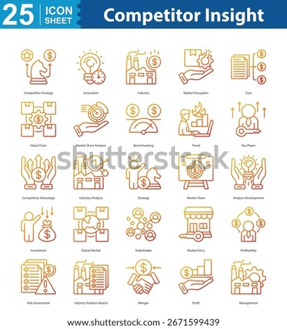 Competitor Insight icon set illustration vector web competitive strategy, innovation, industry, market disruption, cost, value chain, market share analysis, benchmarking, trend, key player