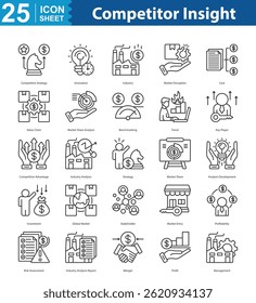 Competitor Insight icon sheet illustration vector web competitive strategy, innovation, industry, market disruption, cost, value chain, market share analysis, benchmarking, trend, key player