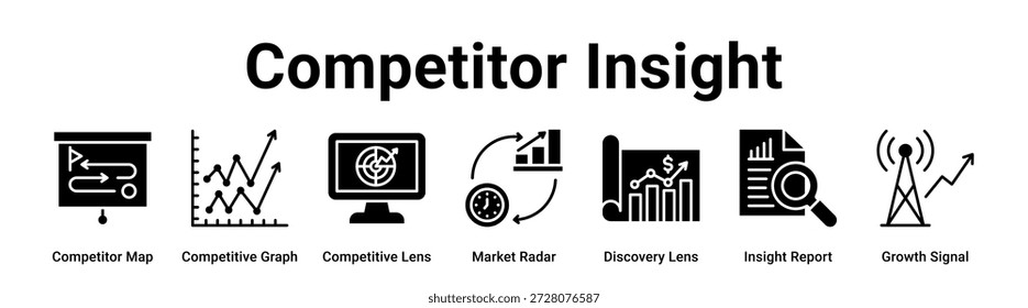 Competitor Insight web banner ícone vetor ilustração conceito para negócios com ícone de Mapa de Concorrentes, Gráfico Competitivo, Lente Competitiva, Radar de Mercado, Lente Discovery, Insight Report.
