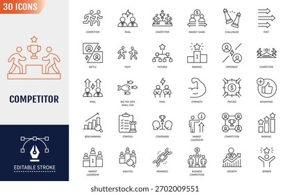 Conjunto de ícones editáveis da linha do concorrente. Contendo ícones: concorrência, oponente, líder de mercado, vantagem, pontos fortes, fraqueza, comparação, classificação e muito mais. Ilustração vetorial