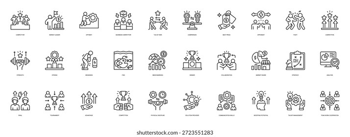 Competitor line style icon set. Containing Competitor, Market Leader, Optimist, Business Competitor, Tug Of War, Comparison