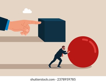 Competitor pushes sphere. Behind are pushing heavy load. Direction to victory. Winning strategy business concept.