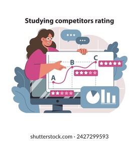 Competitor ratings exploration concept. Marketer analyzing performance metrics and customer ratings to strategize business positioning. Detailed market study visual. Flat vector illustration.