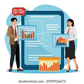 Competitor Research Concept. Business Team discussing data and presenting financial charts displayed on a digital tablet. Flat vector modern illustration 