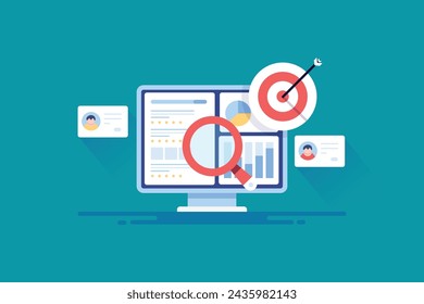 Konkurrenz-SEO-Analyse, Keyword-Spionage auf Konkurrenz-PPC-Kampagne, SEO-Tools für höheres Ranking, SEO-Software mit Grafik und Diagrammen - Vektor-Illustration mit Icons