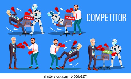 Competitor Of Work Vacancy Position Set Vector. Character Man Fighting With Robot For Vacant Position Chair In Company. Business Battle Competition Colorful Flat Cartoon Illustration