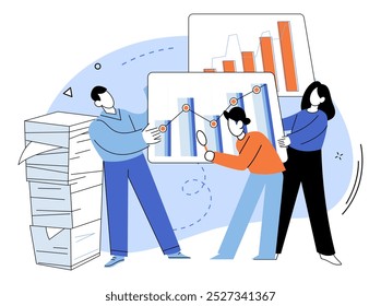 Competitors analysis vector illustration. Accounting, ledger, meticulously records score in ongoing competition business supremacy Examination, magnifying glass, scrutinizes competitors actions