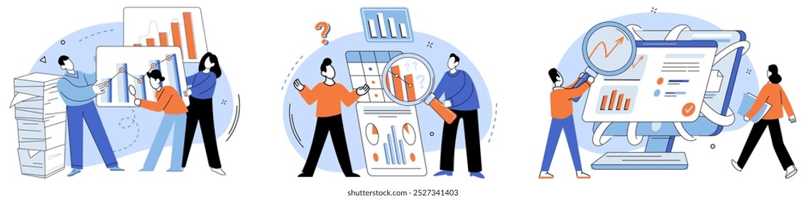 Competitors analysis vector illustration. Analyzing, conductor, orchestrates symphony data to discern harmonies in competitors strategies Reporting, storyteller, weaves narrative from findings