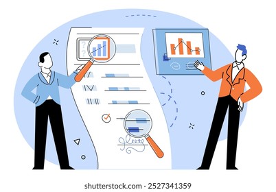 Ilustração vetorial de análise de concorrentes. Competidores, peças de xadrez, estrategicamente posicionadas, passam por uma análise meticulosa para um triunfante movimento de negócios Análise, detetive, desvenda intrincados fios