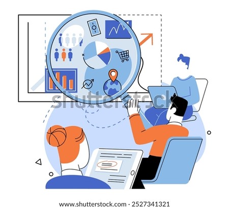 Competitors analysis vector illustration. Investigation, explorer, delves into uncharted territories competitors strengths and weaknesses Statistic, compass, guides course action based