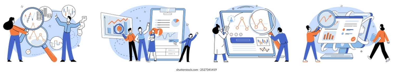 Competitors analysis vector illustration. Opposing, reflection, reveals mirror image strengths and weaknesses when facing competitors Inspect, detective, scrutinizes every detail, leaving no stone