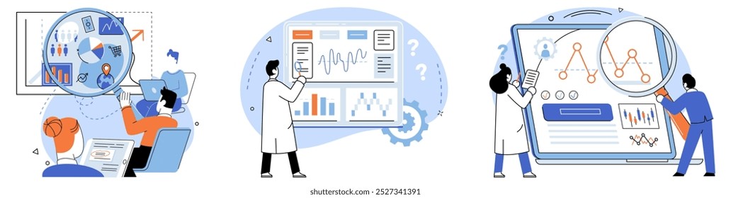 Competitors analysis vector illustration. Research, archaeologist, excavates layers competitors history, revealing patterns and trends Analyzing, conductor, orchestrates symphony data to discern