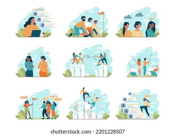 Competitors concept set. Business or interpersonal competition. Rivalry for win or conflict of interests. Different interests or two opposites conflict. Flat vector illustration. 3D Illustration